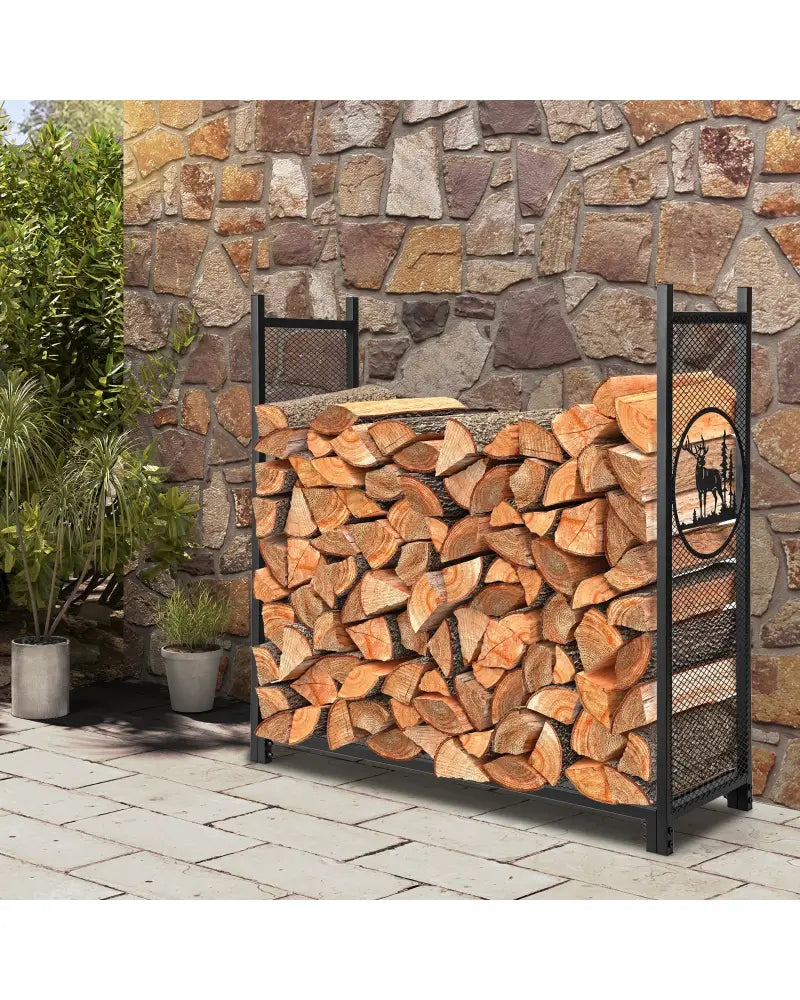 4 Feet Firewood Rack Stand with Mesh Sides - Black - Log Storage