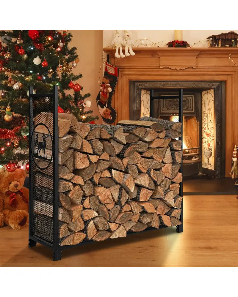 4 Feet Firewood Rack Stand with Mesh Sides - Black - Log Storage