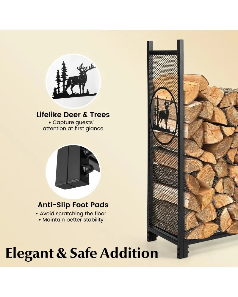 4 Feet Firewood Rack Stand with Mesh Sides - Black - Log Storage