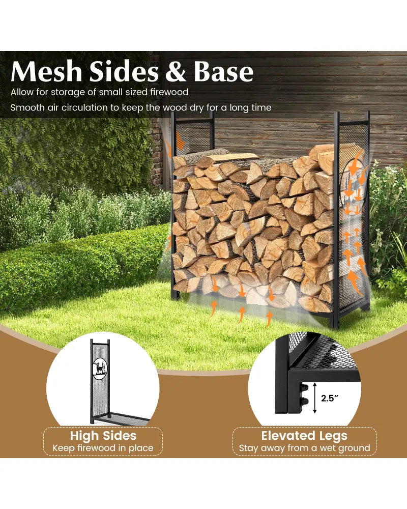 4 Feet Firewood Rack Stand with Mesh Sides - Black - Log Storage