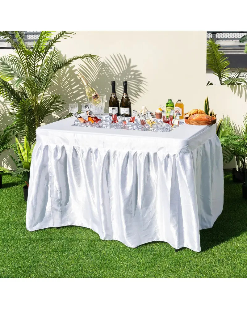 4 Feet Folding Ice Bin Table with Skirt for Camping Picnic Wedding with Ice Bucket-White - White - Camping Furniture