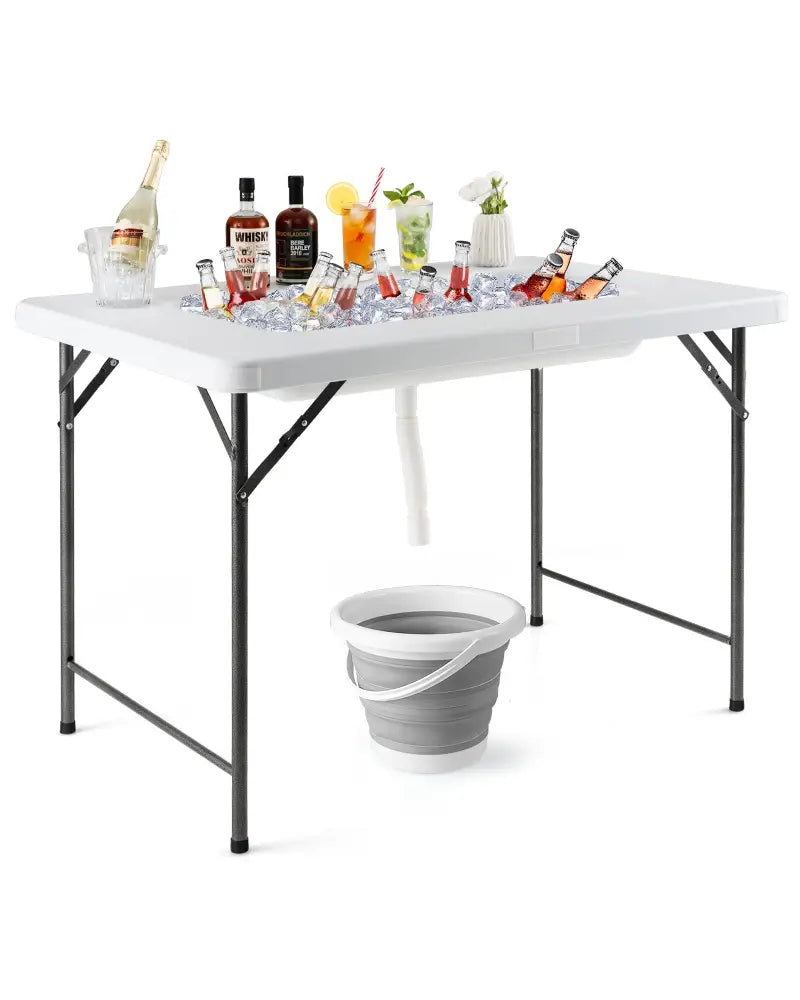 4 Feet Folding Ice Bin Table with Skirt for Camping Picnic Wedding with Ice Bucket-White - White - Camping Furniture