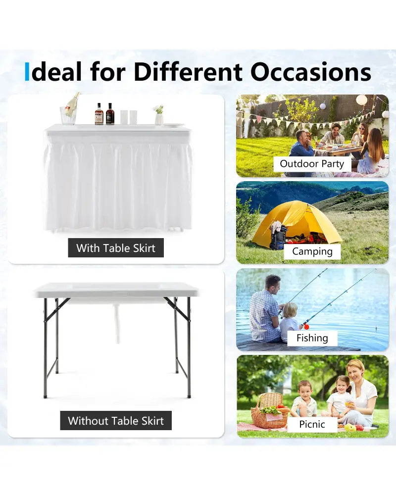 4 Feet Folding Ice Bin Table with Skirt for Camping Picnic Wedding with Ice Bucket-White - White - Camping Furniture