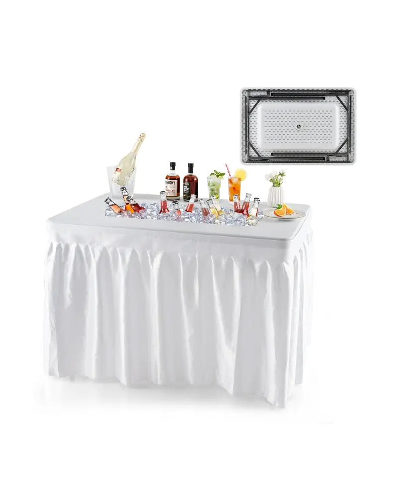 4 Feet Folding Ice Bin Table with Skirt for Camping Picnic Wedding with Ice Bucket-White - White - Camping Furniture