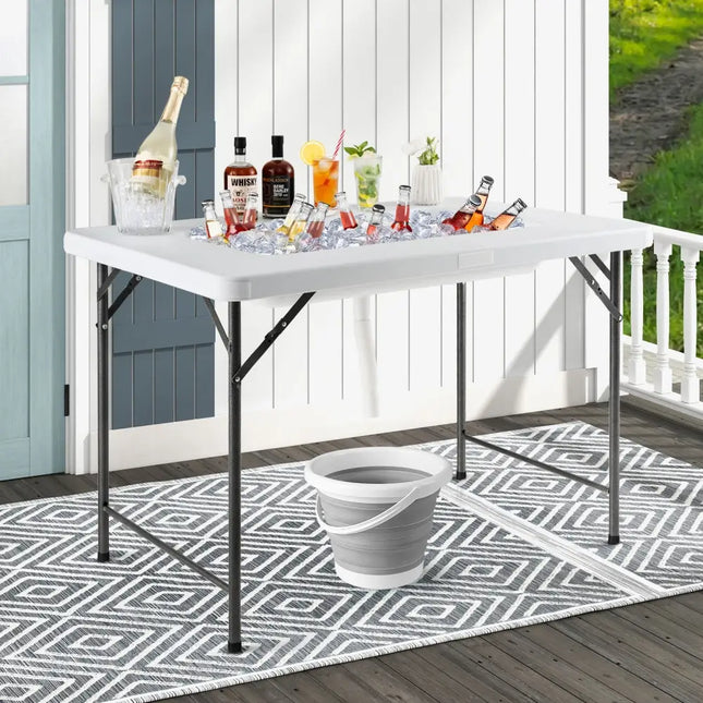 4 Feet Folding Ice Bin Table with Skirt for Camping Picnic Wedding with Ice Bucket-White - White - Camping Furniture