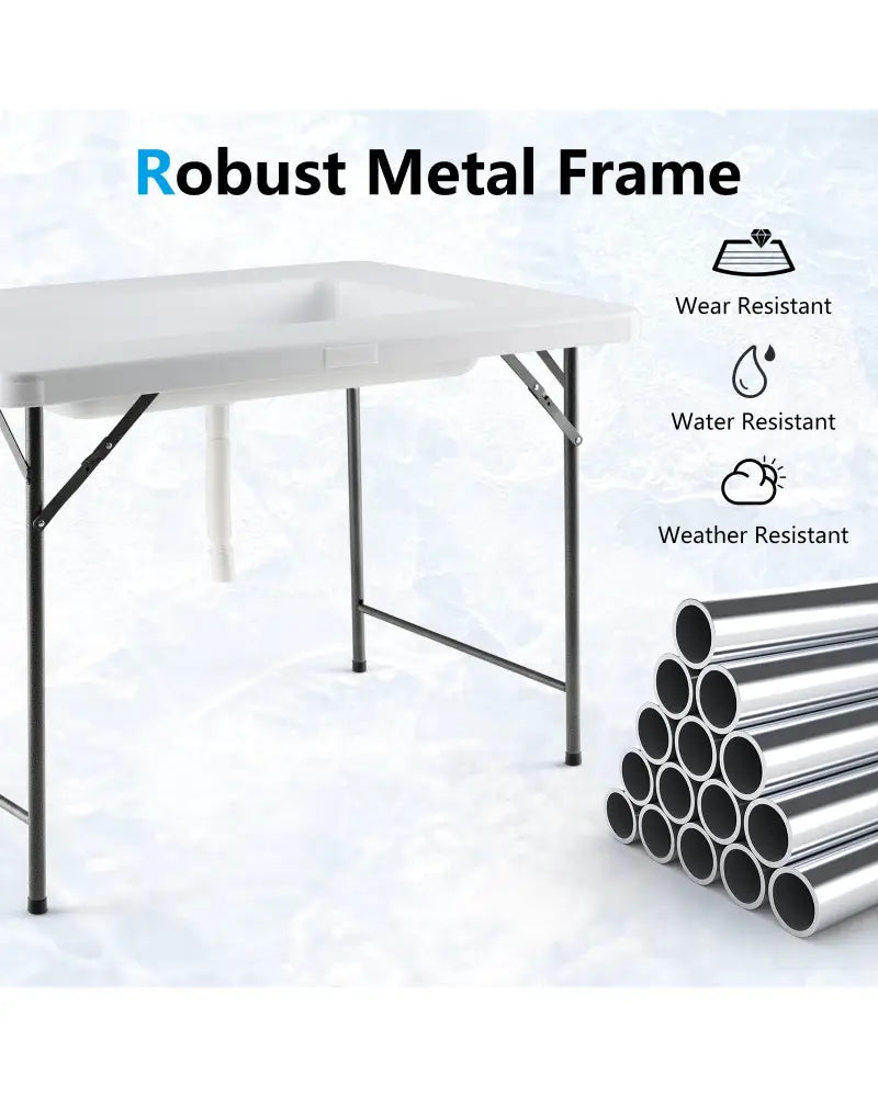 4 Feet Folding Ice Bin Table with Skirt for Camping Picnic Wedding with Ice Bucket-White - White - Camping Furniture
