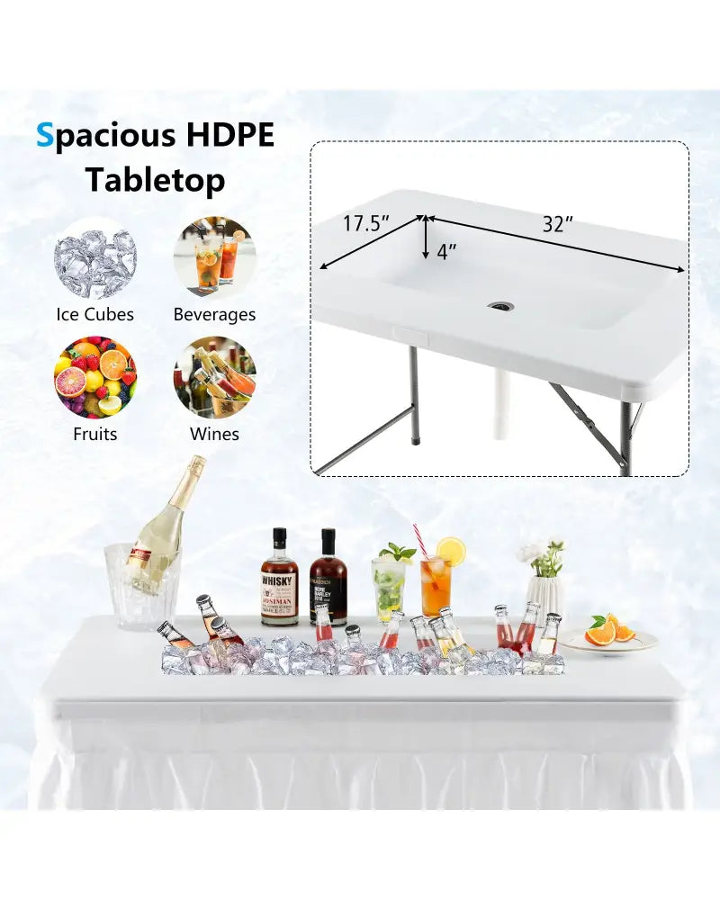 4 Feet Folding Ice Bin Table with Skirt for Camping Picnic Wedding with Ice Bucket-White - White - Camping Furniture