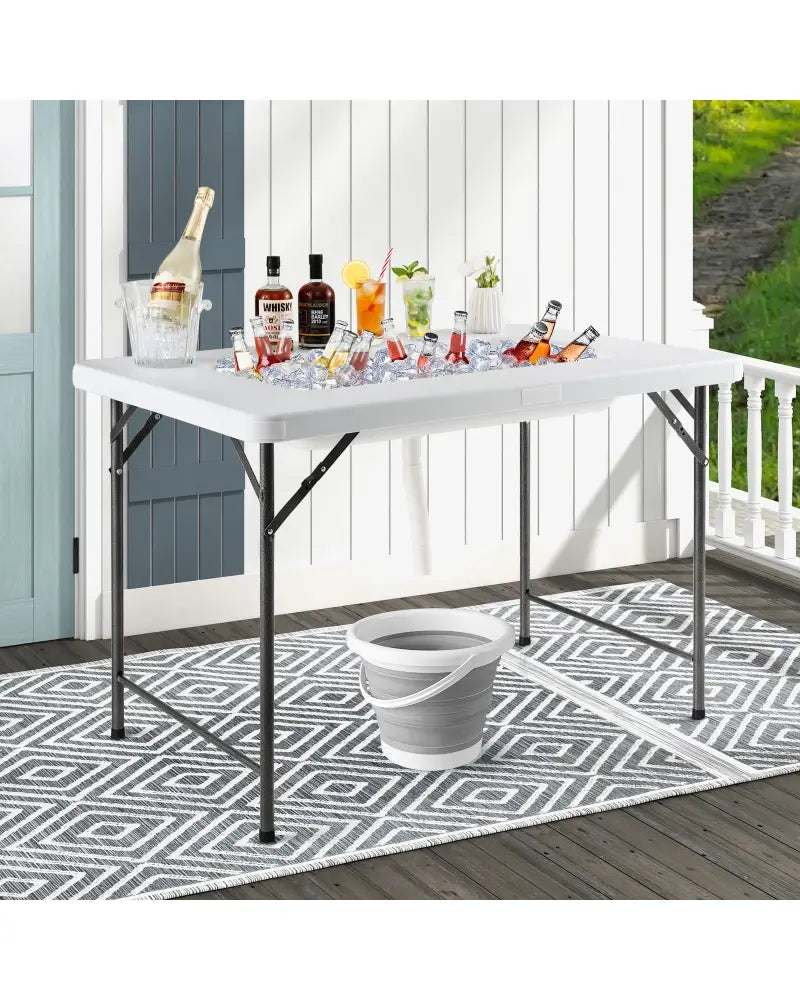 4 Feet Folding Ice Bin Table with Skirt for Camping Picnic Wedding with Ice Bucket-White - White - Camping Furniture