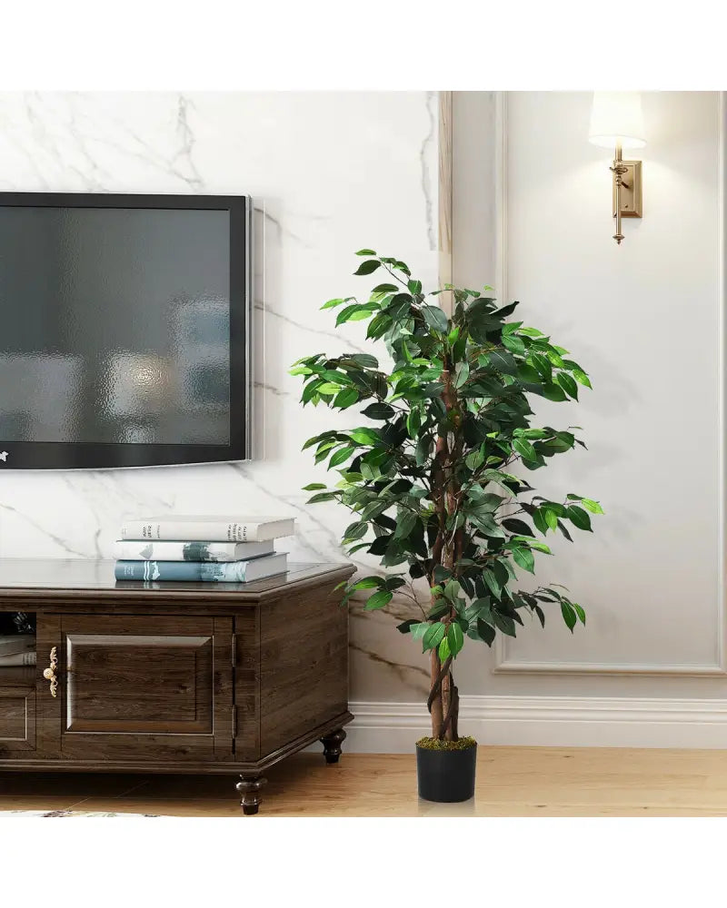 4 Feet Outdoor Trunks Artificial Ficus Silk Tree - Green - Faux Plants