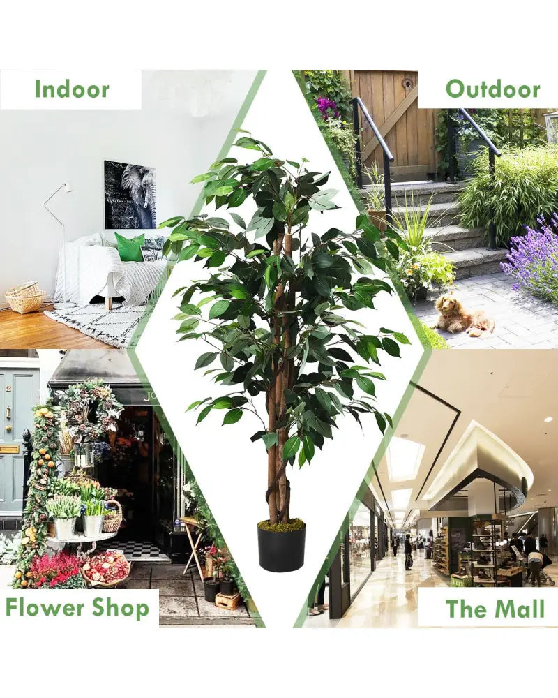 4 Feet Outdoor Trunks Artificial Ficus Silk Tree - Green - Faux Plants
