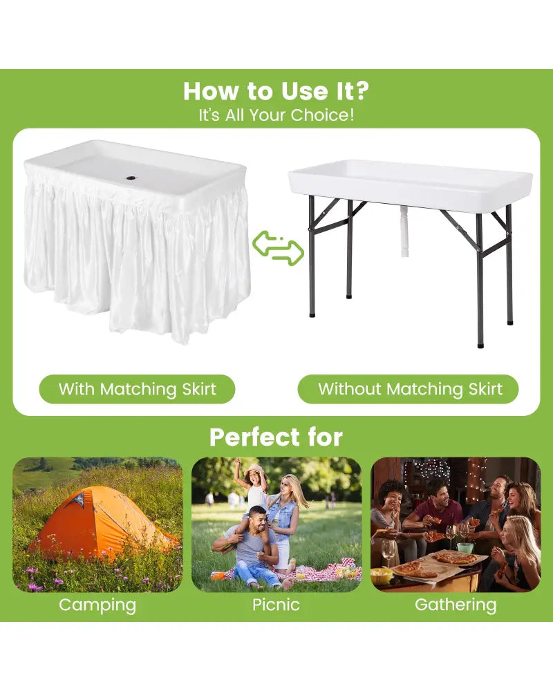4 Feet Plastic Party Ice Folding Table with Matching Skirt and Ice Bucket-White - White - Camping Furniture