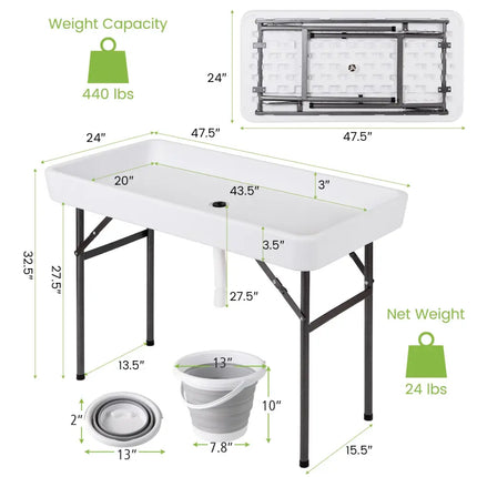 4 Feet Plastic Party Ice Folding Table with Matching Skirt and Ice Bucket-White - White - Camping Furniture