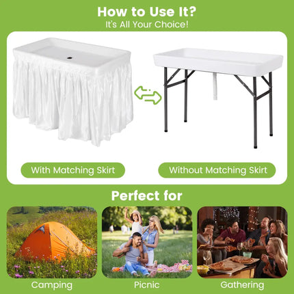 4 Feet Plastic Party Ice Folding Table with Matching Skirt and Ice Bucket-White - White - Camping Furniture