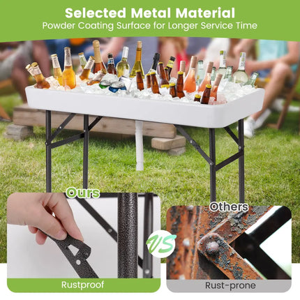 4 Feet Plastic Party Ice Folding Table with Matching Skirt and Ice Bucket-White - White - Camping Furniture