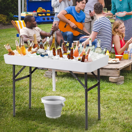 4 Feet Plastic Party Ice Folding Table with Matching Skirt and Ice Bucket-White - White - Camping Furniture