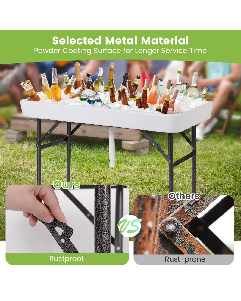 4 Feet Plastic Party Ice Folding Table with Matching Skirt and Ice Bucket-White - White - Camping Furniture