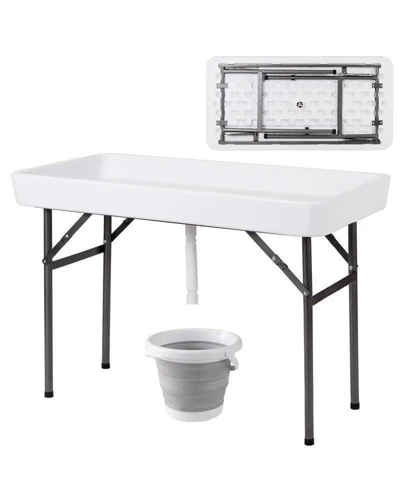 4 Feet Plastic Party Ice Folding Table with Matching Skirt and Ice Bucket-White - White - Camping Furniture