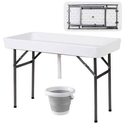4 Feet Plastic Party Ice Folding Table with Matching Skirt and Ice Bucket-White - White - Camping Furniture