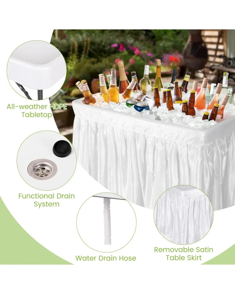 4 Feet Plastic Party Ice Folding Table with Matching Skirt and Ice Bucket-White - White - Camping Furniture