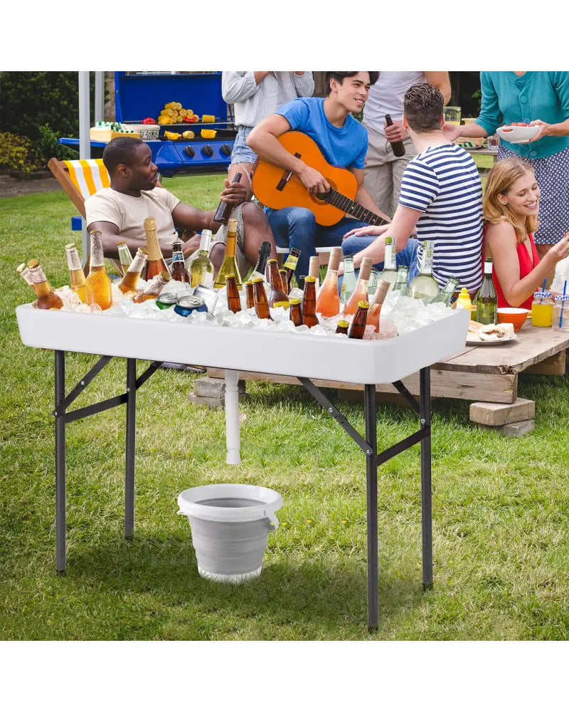 4 Feet Plastic Party Ice Folding Table with Matching Skirt and Ice Bucket-White - White - Camping Furniture