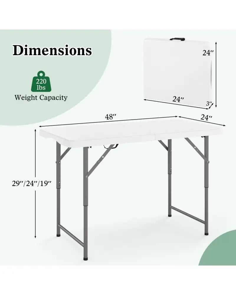 4 Feet Portable Camping Table with HDPE Tabletop and Metal Legs-White - White - Camping Furniture