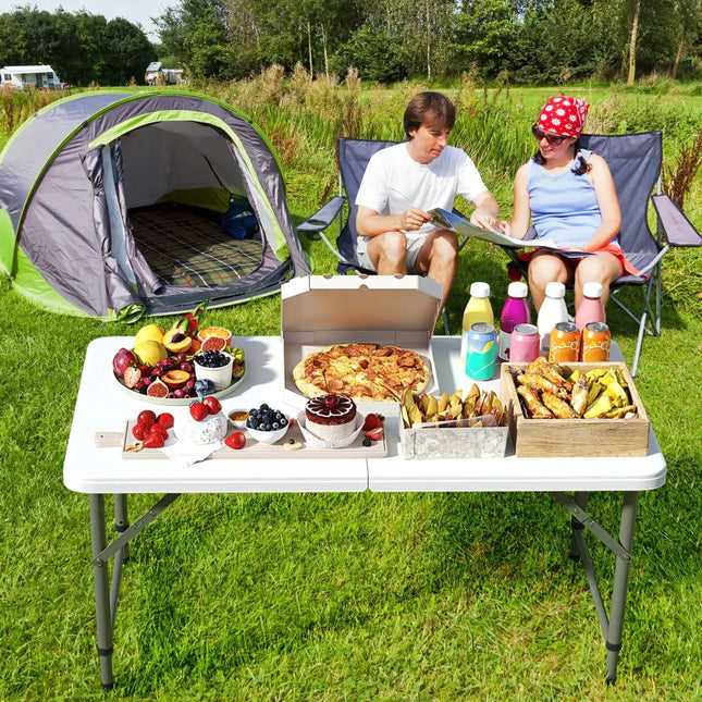 4 Feet Portable Camping Table with HDPE Tabletop and Metal Legs-White - White - Camping Furniture