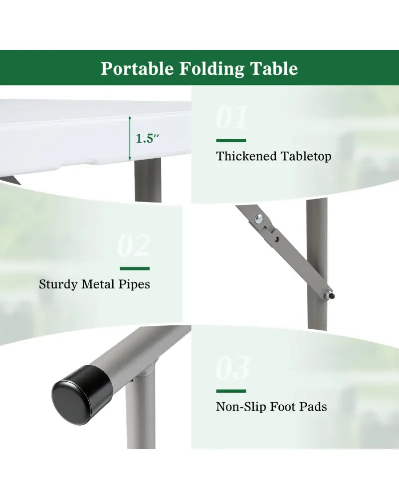 4 Feet Portable Camping Table with HDPE Tabletop and Metal Legs-White - White - Camping Furniture