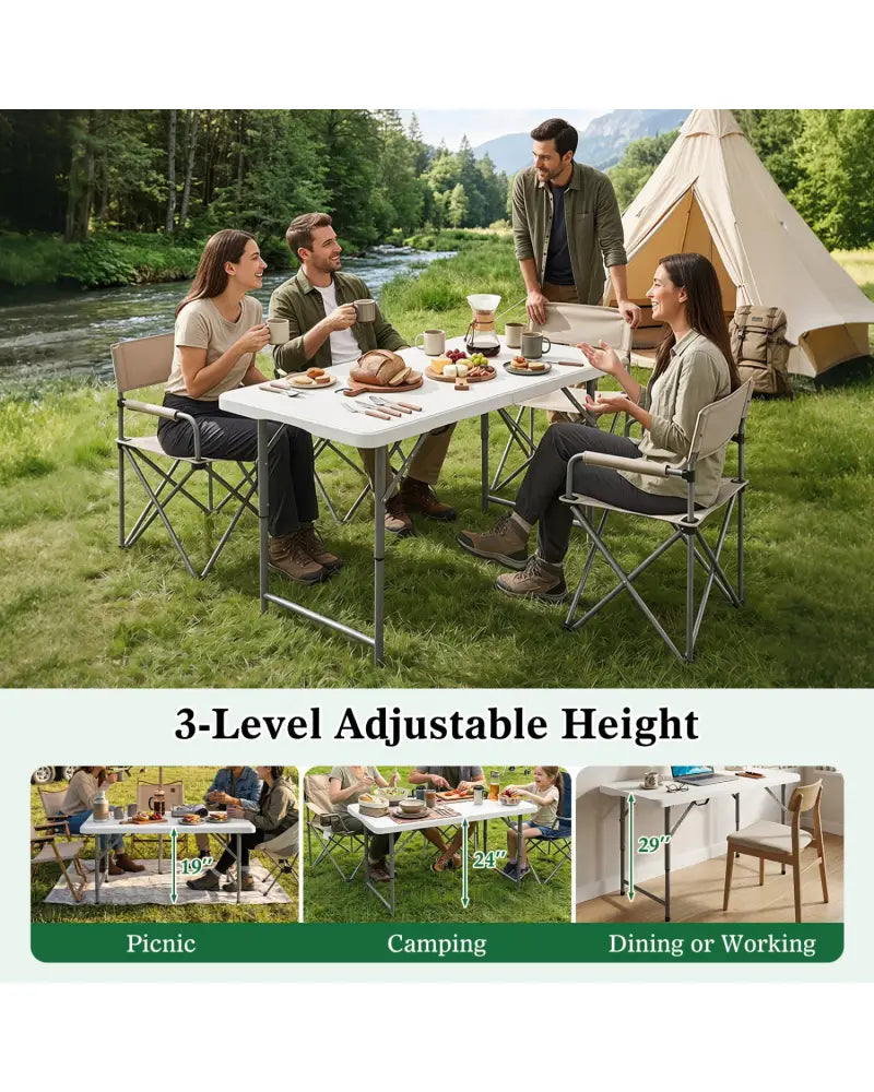 4 Feet Portable Camping Table with HDPE Tabletop and Metal Legs-White - White - Camping Furniture