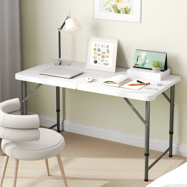 4 Feet Portable Camping Table with HDPE Tabletop and Metal Legs-White - White - Camping Furniture