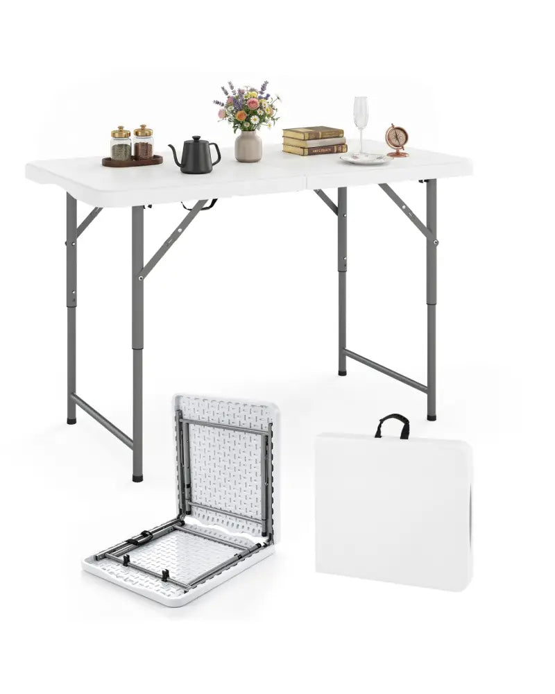 4 Feet Portable Camping Table with HDPE Tabletop and Metal Legs-White - White - Camping Furniture