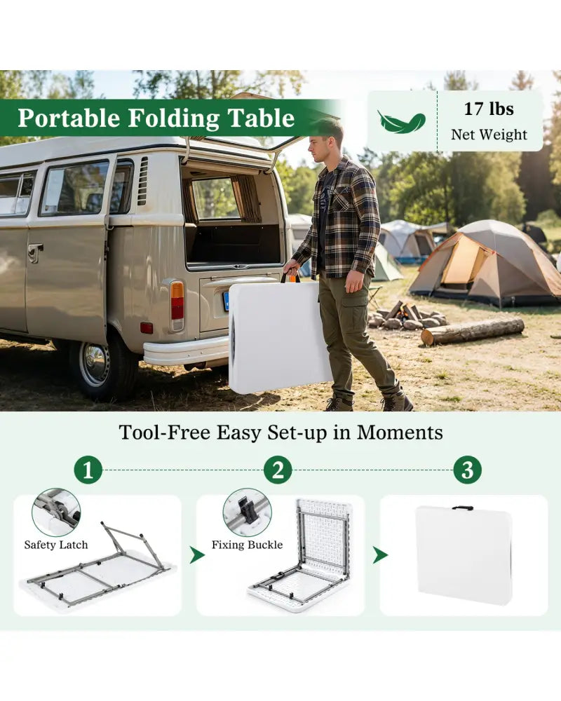 4 Feet Portable Camping Table with HDPE Tabletop and Metal Legs-White - White - Camping Furniture