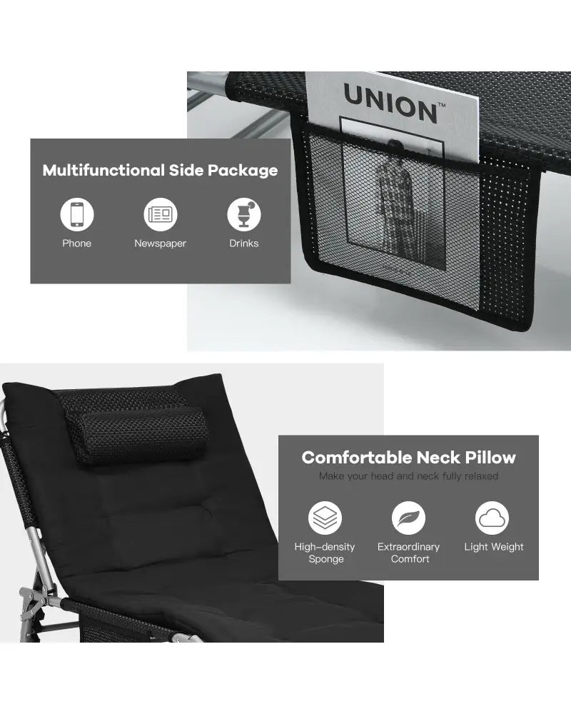 4-Fold Oversize Padded Folding Lounge Chair with Removable Soft Mattress-Black - Black - Outdoor Chaise Lounges