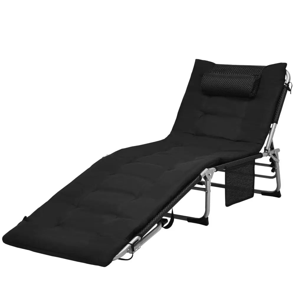4-Fold Oversize Padded Folding Lounge Chair with Removable Soft Mattress-Black - Black - Outdoor Chaise Lounges