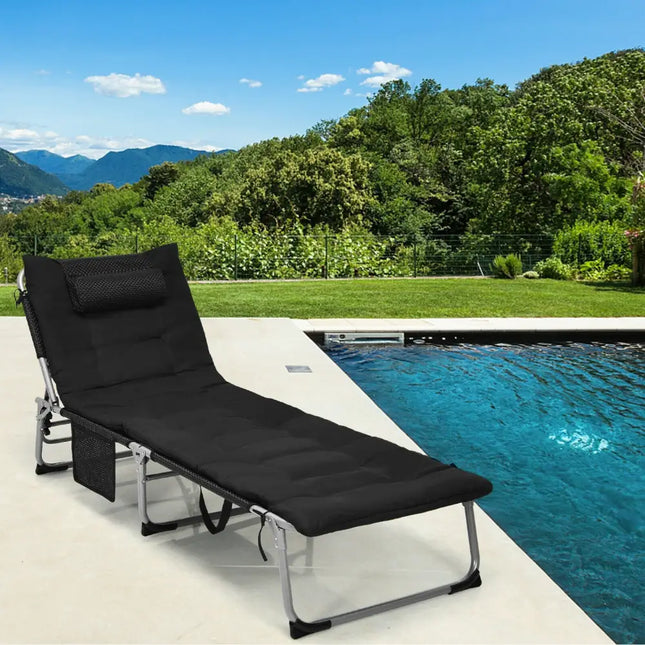 4-Fold Oversize Padded Folding Lounge Chair with Removable Soft Mattress-Black - Black - Outdoor Chaise Lounges