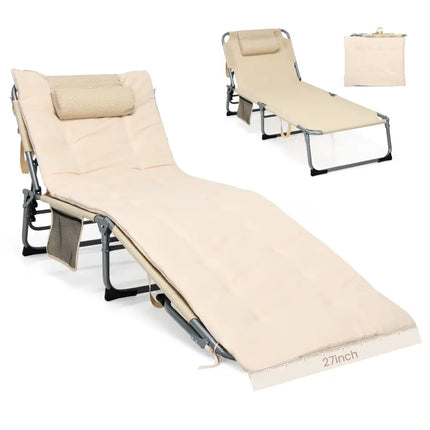 4-Fold Oversize Padded Folding Lounge Chair with Removable Soft Mattress-Beige - Beige - Outdoor Chaise Lounges