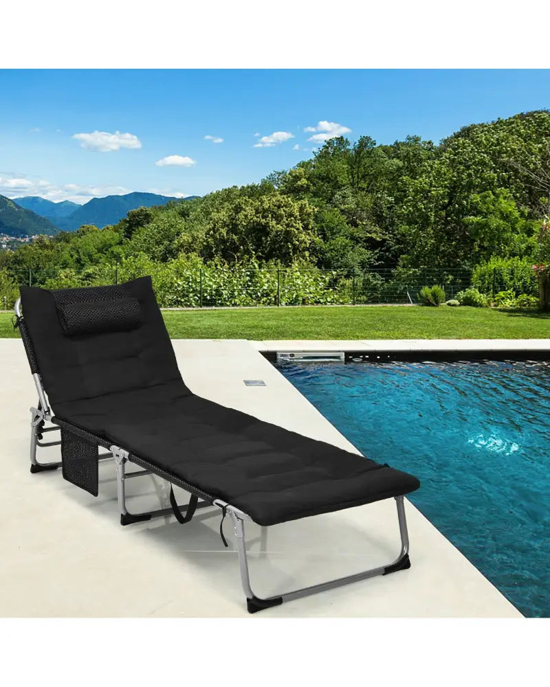 4-Fold Oversize Padded Folding Lounge Chair with Removable Soft Mattress-Black - Black - Outdoor Chaise Lounges