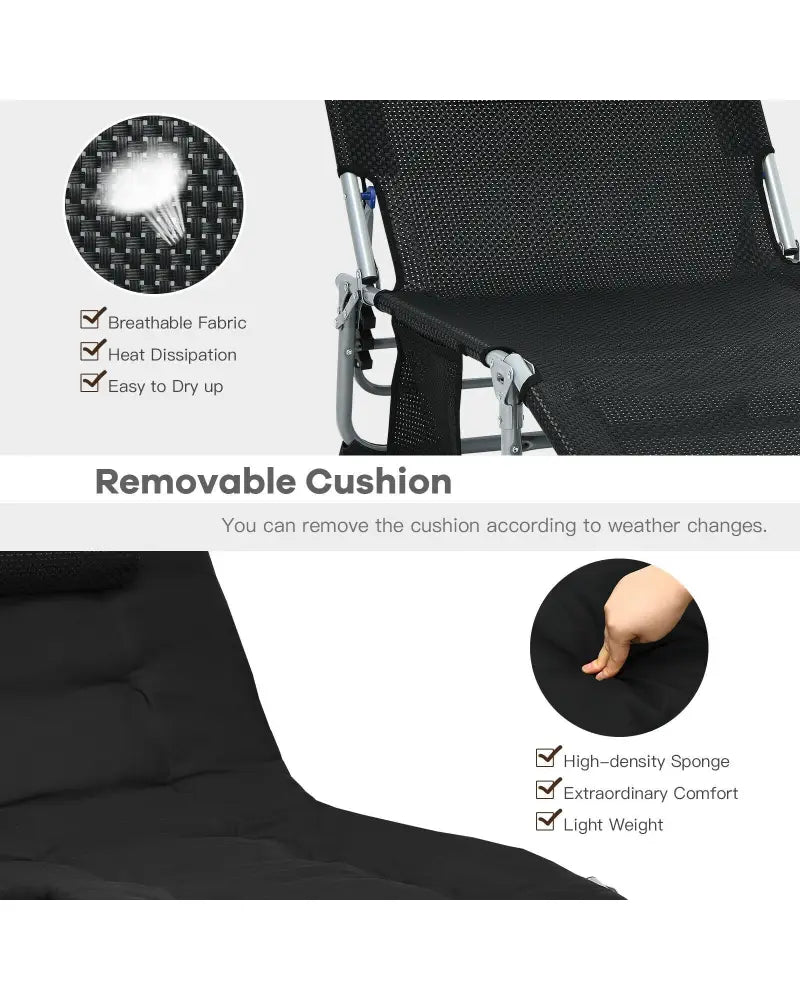 4-Fold Oversize Padded Folding Lounge Chair with Removable Soft Mattress-Black - Black - Outdoor Chaise Lounges