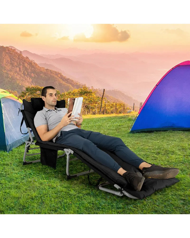 4-Fold Oversize Padded Folding Lounge Chair with Removable Soft Mattress-Black - Black - Outdoor Chaise Lounges