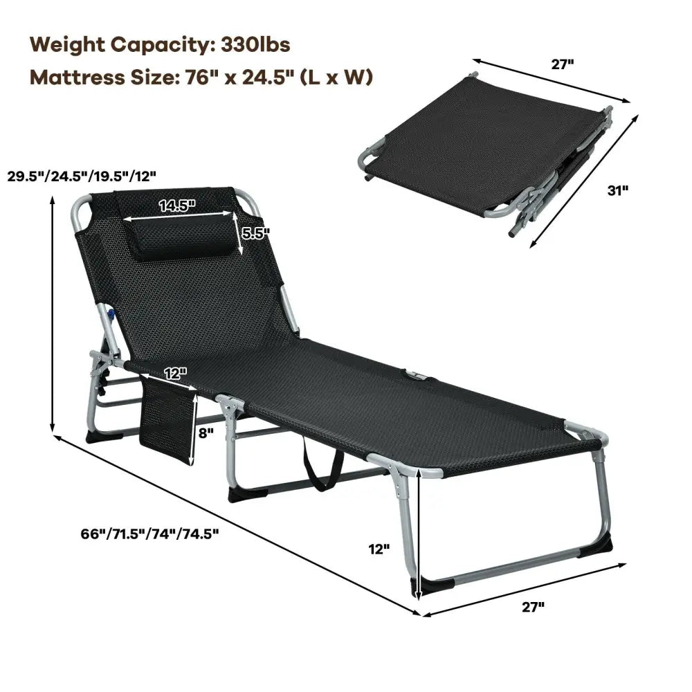 4-Fold Oversize Padded Folding Lounge Chair with Removable Soft Mattress-Black - Black - Outdoor Chaise Lounges