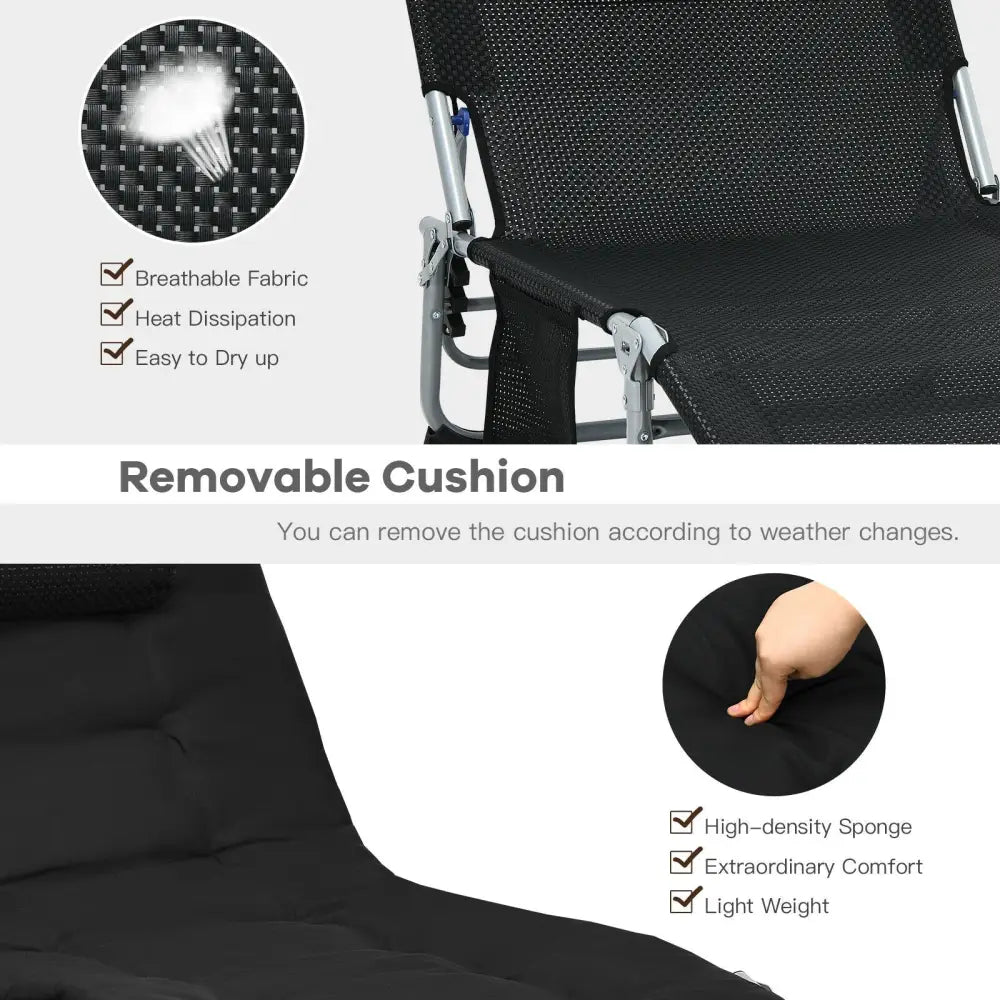 4-Fold Oversize Padded Folding Lounge Chair with Removable Soft Mattress-Black - Black - Outdoor Chaise Lounges