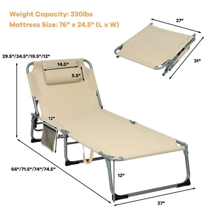 4-Fold Oversize Padded Folding Lounge Chair with Removable Soft Mattress-Beige - Beige - Outdoor Chaise Lounges