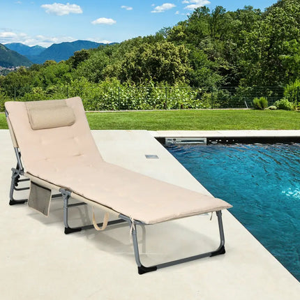 4-Fold Oversize Padded Folding Lounge Chair with Removable Soft Mattress-Beige - Beige - Outdoor Chaise Lounges