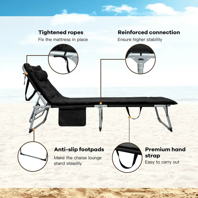4-Fold Oversize Padded Folding Lounge Chair with Removable Soft Mattress-Black - Black - Outdoor Chaise Lounges