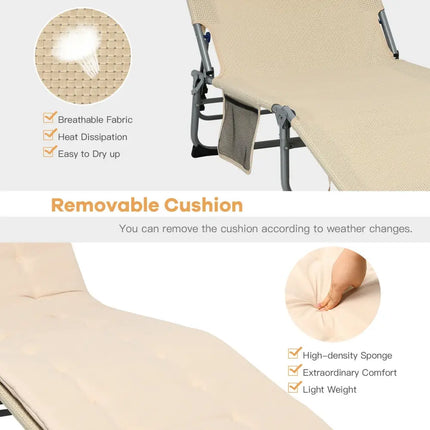 4-Fold Oversize Padded Folding Lounge Chair with Removable Soft Mattress-Beige - Beige - Outdoor Chaise Lounges