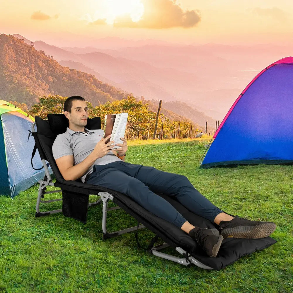 4-Fold Oversize Padded Folding Lounge Chair with Removable Soft Mattress-Black - Black - Outdoor Chaise Lounges