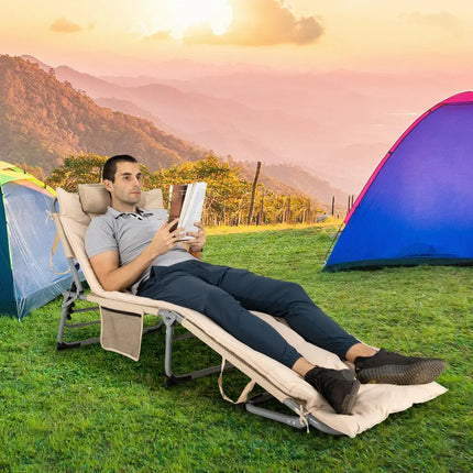 4-Fold Oversize Padded Folding Lounge Chair with Removable Soft Mattress-Beige - Beige - Outdoor Chaise Lounges