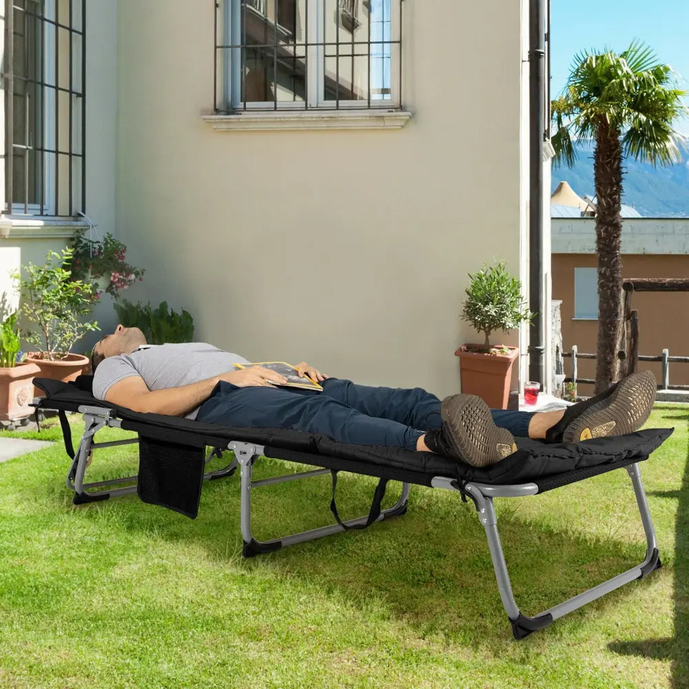 4-Fold Oversize Padded Folding Lounge Chair with Removable Soft Mattress-Black - Black - Outdoor Chaise Lounges