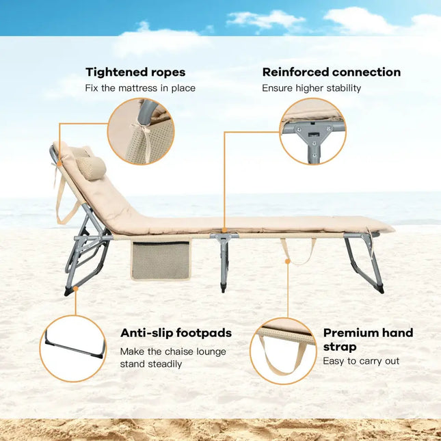 4-Fold Oversize Padded Folding Lounge Chair with Removable Soft Mattress-Beige - Beige - Outdoor Chaise Lounges