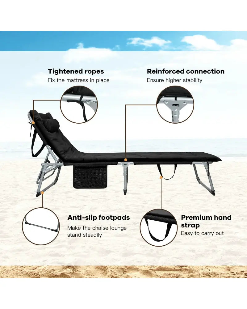 4-Fold Oversize Padded Folding Lounge Chair with Removable Soft Mattress-Black - Black - Outdoor Chaise Lounges