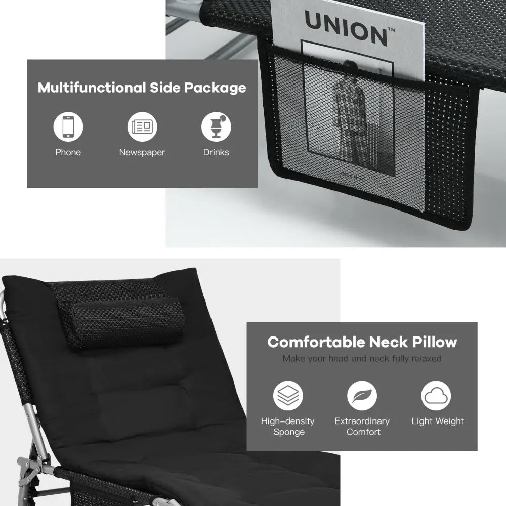4-Fold Oversize Padded Folding Lounge Chair with Removable Soft Mattress-Black - Black - Outdoor Chaise Lounges